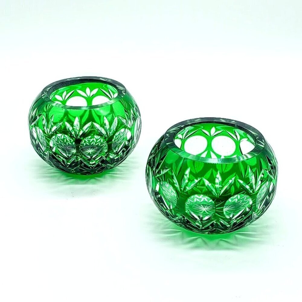 Vintage Godinger Emerald Green Cut to Clear Crystal Candle Holders (2)